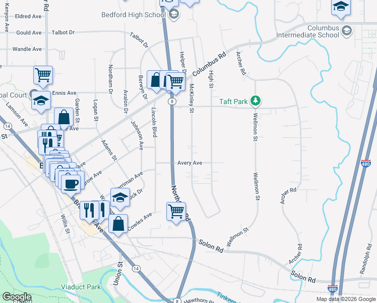 map of restaurants, bars, coffee shops, grocery stores, and more near 774 Mc Kinley Avenue in Bedford