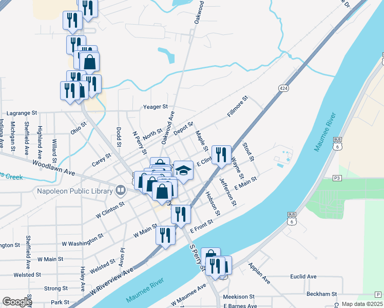 map of restaurants, bars, coffee shops, grocery stores, and more near 822 Hobson Street in Napoleon
