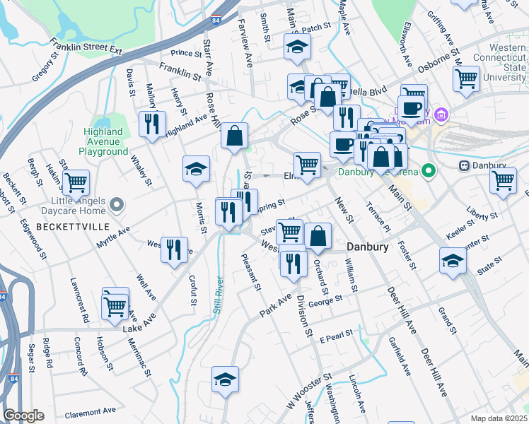 map of restaurants, bars, coffee shops, grocery stores, and more near 46 Spring Street in Danbury