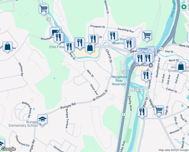 map of restaurants, bars, coffee shops, grocery stores, and more near 83 New Street in Seymour