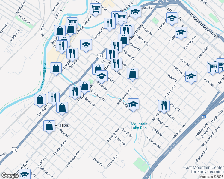map of restaurants, bars, coffee shops, grocery stores, and more near 1023 Prospect Avenue in Scranton