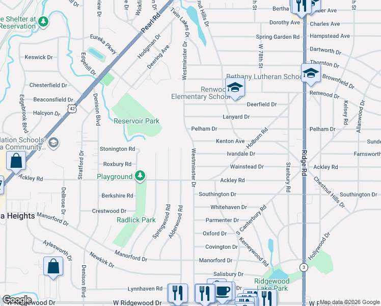 map of restaurants, bars, coffee shops, grocery stores, and more near 6236 Westminster Drive in Parma