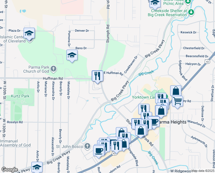 map of restaurants, bars, coffee shops, grocery stores, and more near 6235 Stumph Road in Parma Heights