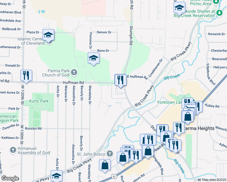 map of restaurants, bars, coffee shops, grocery stores, and more near 6230 Stumph Road in Parma Heights