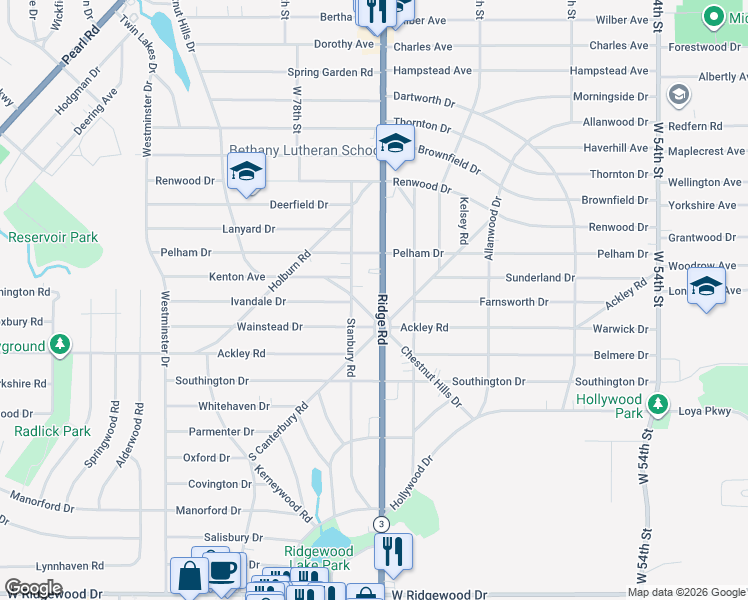 map of restaurants, bars, coffee shops, grocery stores, and more near 6236 Ridge Road in Parma