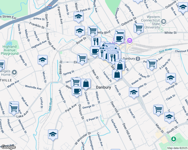 map of restaurants, bars, coffee shops, grocery stores, and more near 26 New St in Danbury