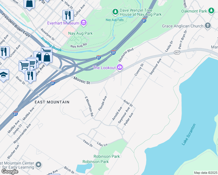 map of restaurants, bars, coffee shops, grocery stores, and more near 101 Lynwood Avenue in Scranton