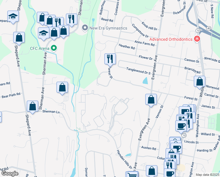 map of restaurants, bars, coffee shops, grocery stores, and more near 28 Forest Ct S in Hamden