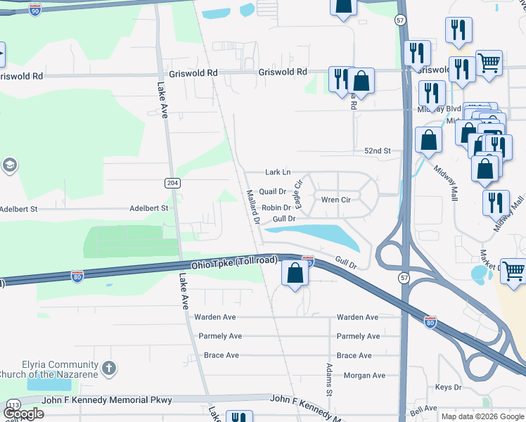 map of restaurants, bars, coffee shops, grocery stores, and more near 344 Robin Drive in Elyria
