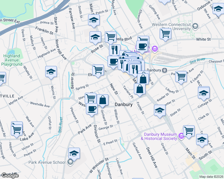 map of restaurants, bars, coffee shops, grocery stores, and more near 26 New Street in Danbury