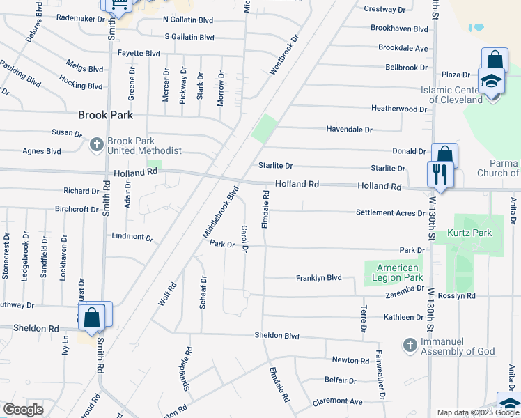 map of restaurants, bars, coffee shops, grocery stores, and more near 6156 Elmdale Road in Brook Park