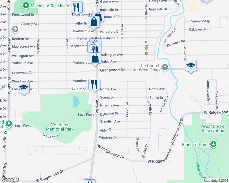 map of restaurants, bars, coffee shops, grocery stores, and more near 3327 Norris Ave in Parma