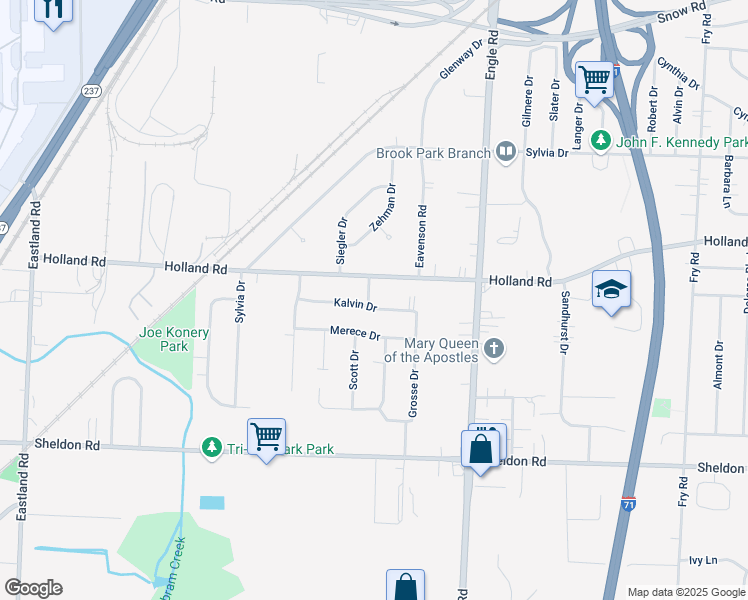 map of restaurants, bars, coffee shops, grocery stores, and more near 18208 Kalvin Drive in Brook Park