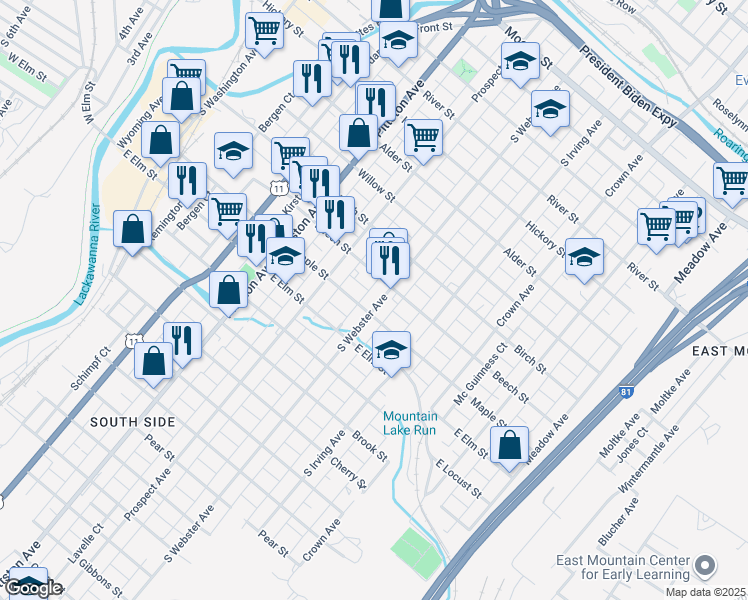 map of restaurants, bars, coffee shops, grocery stores, and more near 913 South Webster Avenue in Scranton