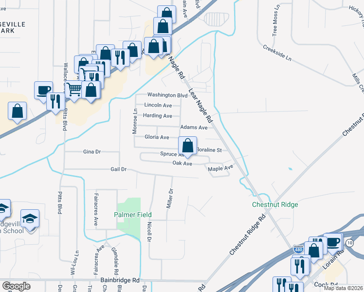 map of restaurants, bars, coffee shops, grocery stores, and more near 6567 Jefferson Ave in North Ridgeville