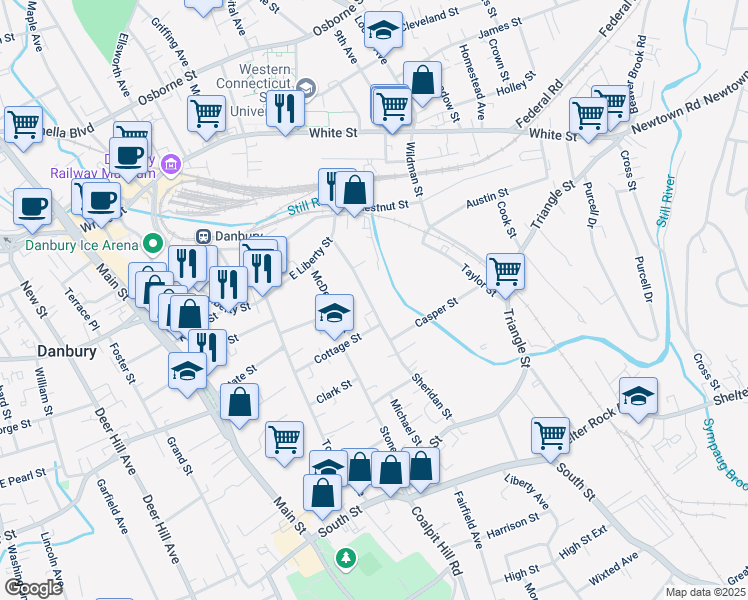 map of restaurants, bars, coffee shops, grocery stores, and more near 59 Sheridan Street in Danbury