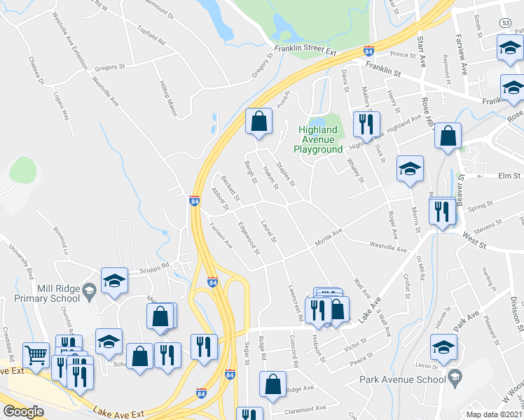 map of restaurants, bars, coffee shops, grocery stores, and more near 27 Laurel Street in Danbury