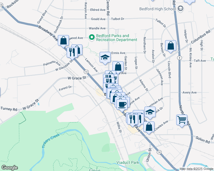 map of restaurants, bars, coffee shops, grocery stores, and more near 43 Center Road in Bedford