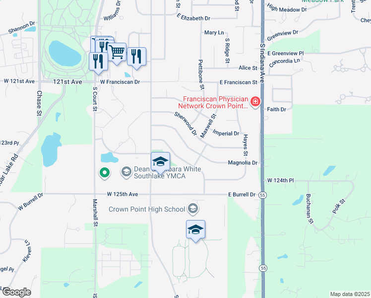 map of restaurants, bars, coffee shops, grocery stores, and more near 401 Magnolia Drive in Crown Point