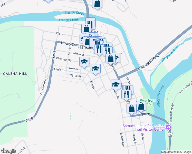 map of restaurants, bars, coffee shops, grocery stores, and more near 614 11th Street in Franklin