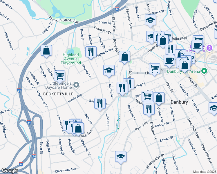 map of restaurants, bars, coffee shops, grocery stores, and more near 18 Morris Street in Danbury