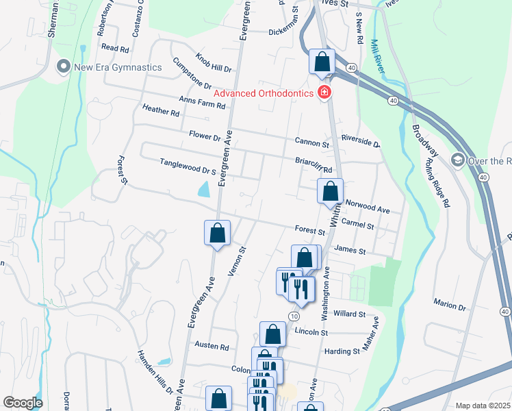 map of restaurants, bars, coffee shops, grocery stores, and more near 117 Forest Street in Hamden