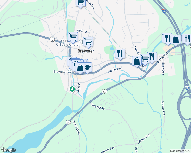 map of restaurants, bars, coffee shops, grocery stores, and more near 4 Wilkes Street in Brewster