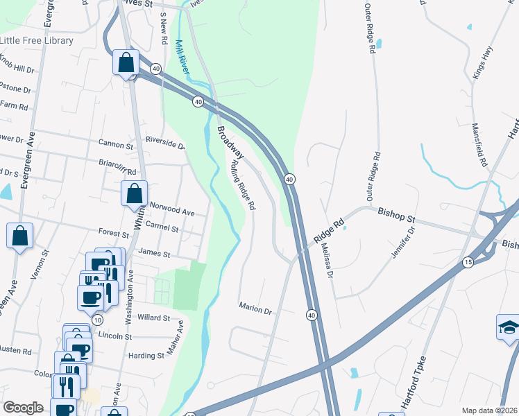 map of restaurants, bars, coffee shops, grocery stores, and more near 100 Rolling Ridge Rd in Hamden