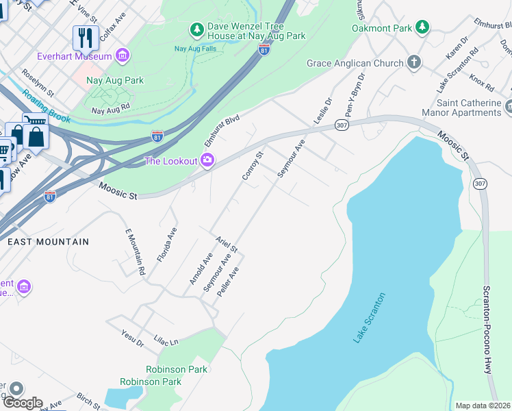 map of restaurants, bars, coffee shops, grocery stores, and more near 303 Seymour Ave in Scranton