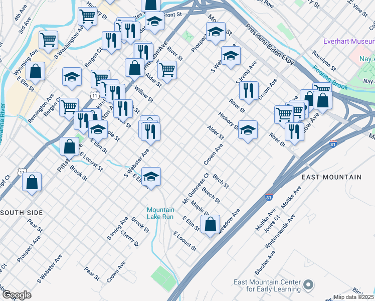 map of restaurants, bars, coffee shops, grocery stores, and more near 801 South Irving Avenue in Scranton