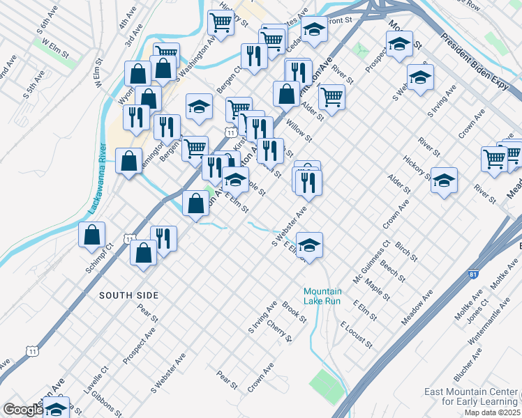 map of restaurants, bars, coffee shops, grocery stores, and more near 1023 Prospect Avenue in Scranton