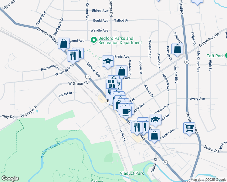 map of restaurants, bars, coffee shops, grocery stores, and more near 46 Center Road in Bedford