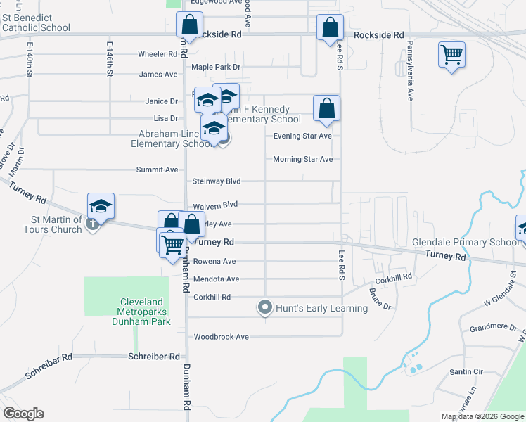 map of restaurants, bars, coffee shops, grocery stores, and more near 15700 Walvern Boulevard in Maple Heights