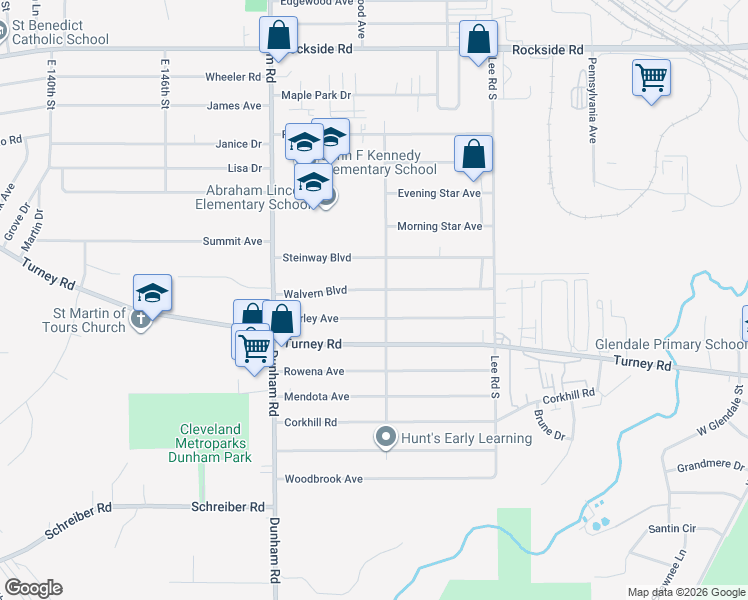 map of restaurants, bars, coffee shops, grocery stores, and more near 15508 Walvern Boulevard in Maple Heights