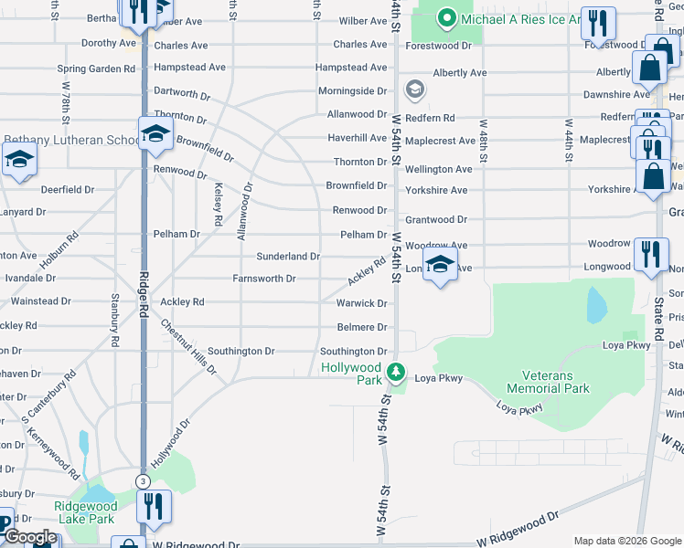 map of restaurants, bars, coffee shops, grocery stores, and more near 5902 Farnsworth Drive in Parma