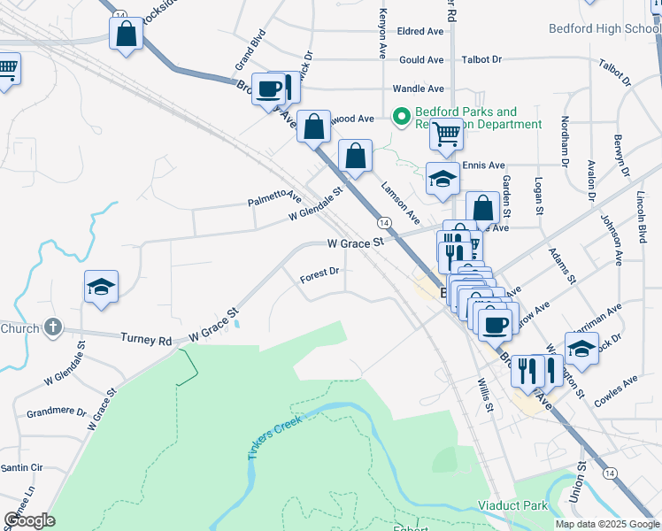map of restaurants, bars, coffee shops, grocery stores, and more near 83 Forest Drive in Bedford