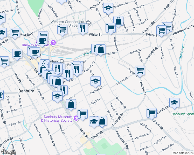 map of restaurants, bars, coffee shops, grocery stores, and more near 13 McDermott Street in Danbury
