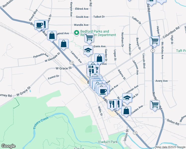 map of restaurants, bars, coffee shops, grocery stores, and more near 46 Center Road in Bedford