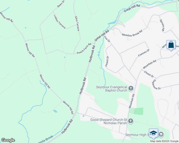 map of restaurants, bars, coffee shops, grocery stores, and more near 23 Holbrook Road in Seymour