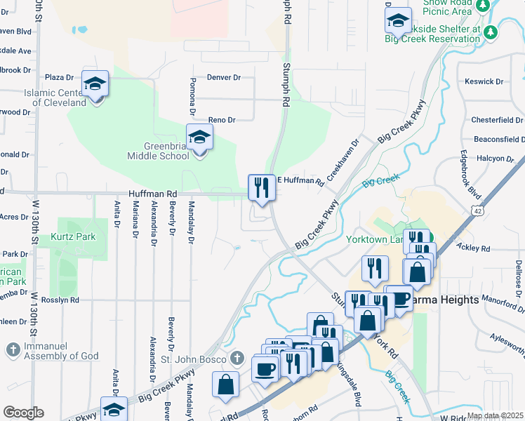 map of restaurants, bars, coffee shops, grocery stores, and more near 6230 Stumph Road in Parma Heights
