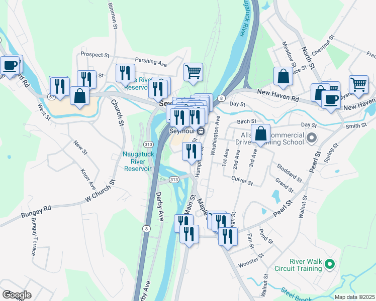 map of restaurants, bars, coffee shops, grocery stores, and more near 23 Deforest Street in Seymour