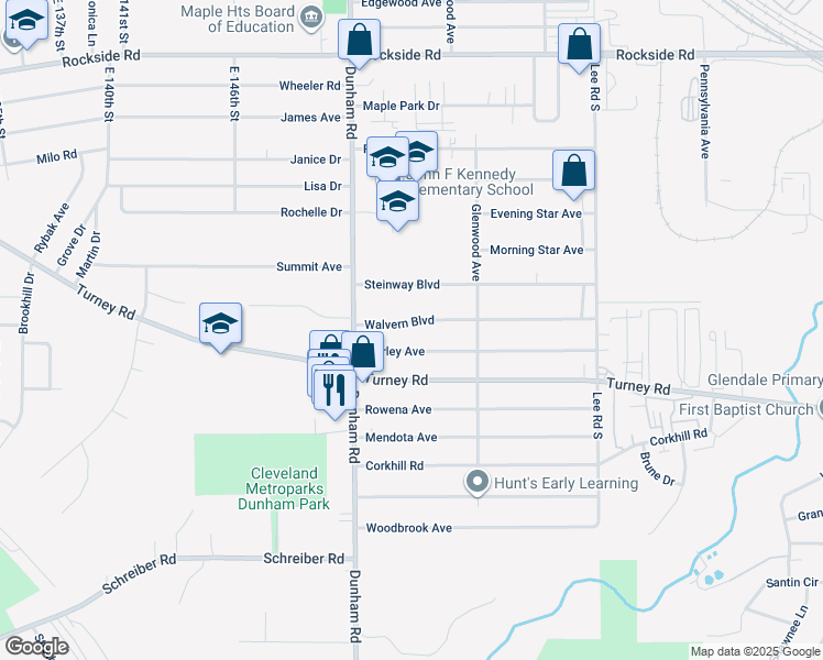 map of restaurants, bars, coffee shops, grocery stores, and more near 15400 Walvern Boulevard in Maple Heights
