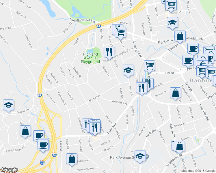 map of restaurants, bars, coffee shops, grocery stores, and more near 9 Myrtle Avenue in Danbury