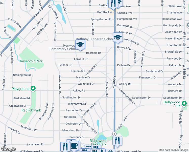 map of restaurants, bars, coffee shops, grocery stores, and more near 7712 Ivandale Drive in Parma