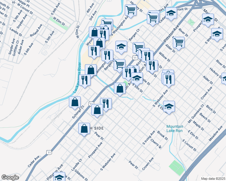 map of restaurants, bars, coffee shops, grocery stores, and more near 1200 Cedar Avenue in Scranton