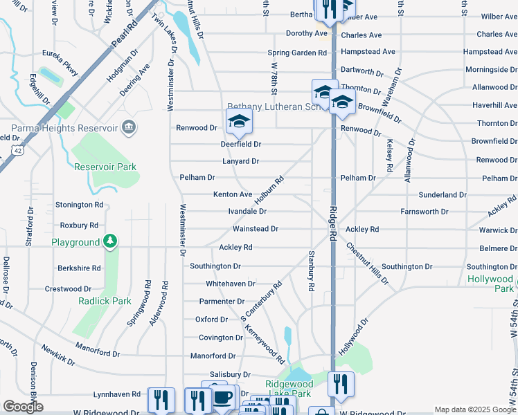 map of restaurants, bars, coffee shops, grocery stores, and more near 7910 Ivandale Drive in Parma