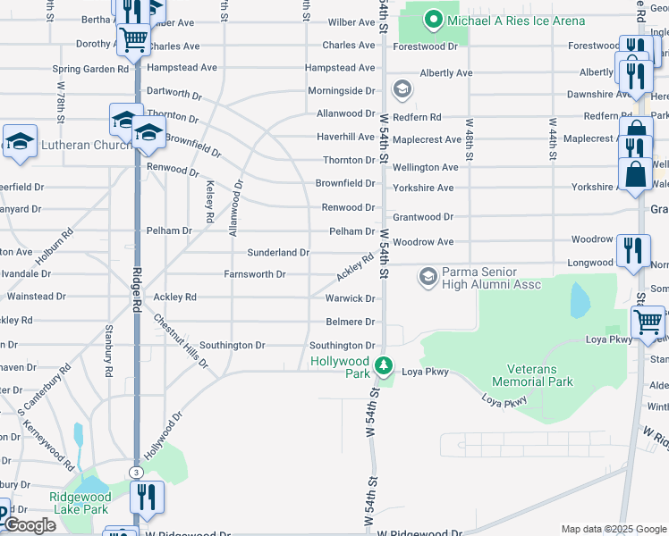 map of restaurants, bars, coffee shops, grocery stores, and more near 5611 Ackley Road in Cleveland