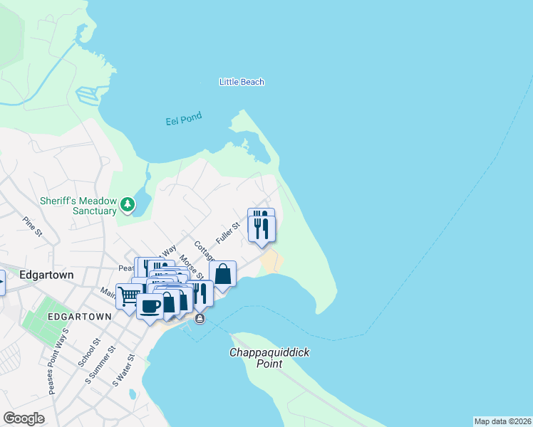 map of restaurants, bars, coffee shops, grocery stores, and more near 14 Starbuck Neck Road in Edgartown