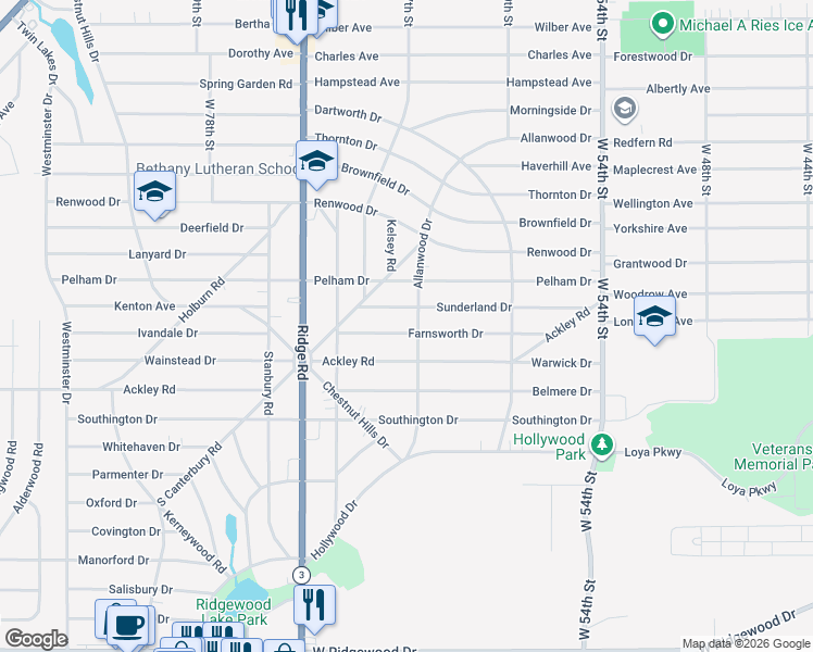 map of restaurants, bars, coffee shops, grocery stores, and more near 6610 Farnsworth Dr in Parma