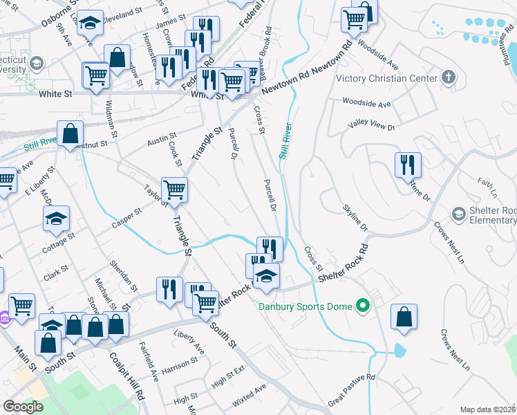 map of restaurants, bars, coffee shops, grocery stores, and more near 50 Purcell Drive in Danbury